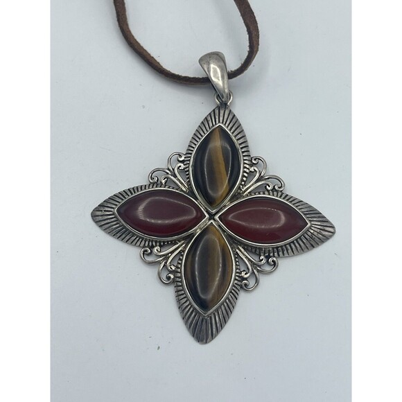 925 GFJ THAI Sterling Silver Tigers Eye & Carnelian Agate Pendant Necklace - Picture 2 of 7